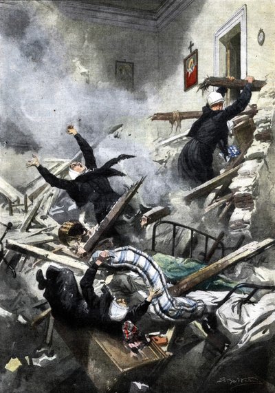 Desastre en un edificio en Génova: buenas hermanas desaparecidas en el colapso de dos apartamentos. Ilustración de Beltrame. "La Domenica del Corriere". 04/1914 de Achille Beltrame
