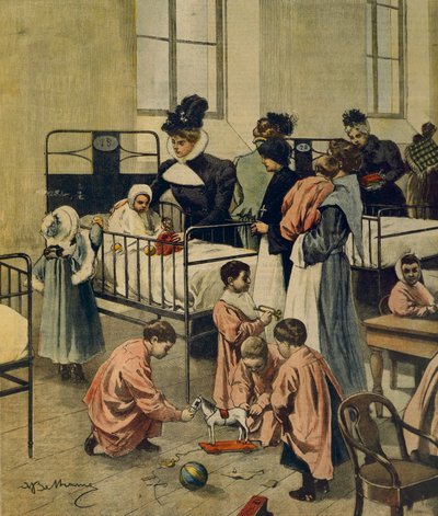 Distribución de regalos de Navidad a niños pobres en el hospital, ilustración de Achille Beltrame, de La Domenica del Corriere, 23 de noviembre de 1900 de Achille Beltrame