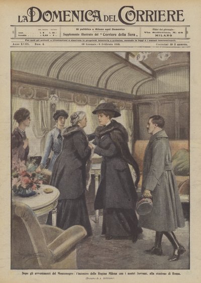 Después de los acontecimientos de Montenegro, el encuentro de la Reina Milena con nuestros Soberanos, en la estación de Roma de Achille Beltrame