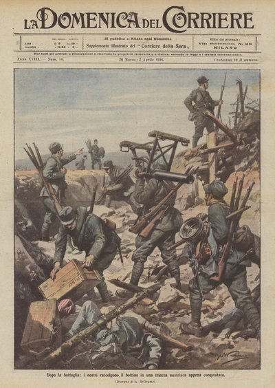 Después de la batalla, los nuestros recogen el botín en una trinchera austriaca recién conquistada de Achille Beltrame