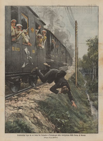 Dramática fuga de un tren entre Varsovia y San Petersburgo del ladrón del banco de Moscú de Achille Beltrame