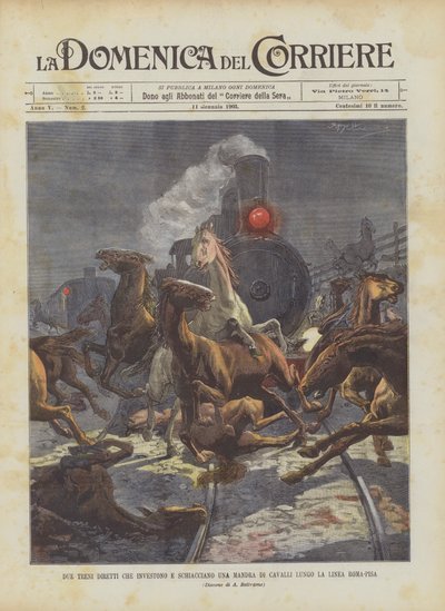 Dos trenes directos que atropellan y aplastan una manada de caballos a lo largo de la línea Roma-Pisa de Achille Beltrame