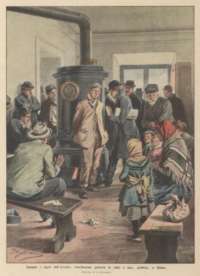 Durante los rigores del invierno, distribución gratuita de comida caliente a expensas públicas, en Milán de Achille Beltrame