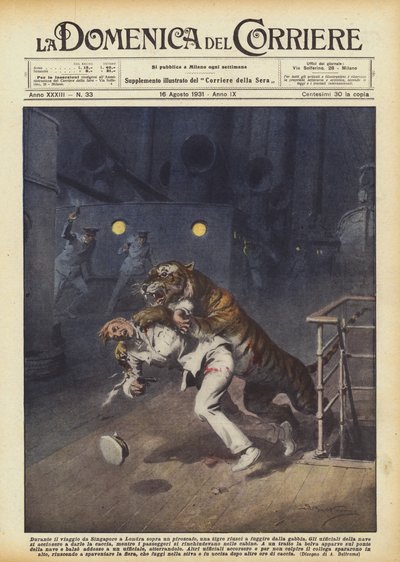Durante el viaje de Singapur a Londres en un vapor, un tigre logró escapar de su jaula de Achille Beltrame