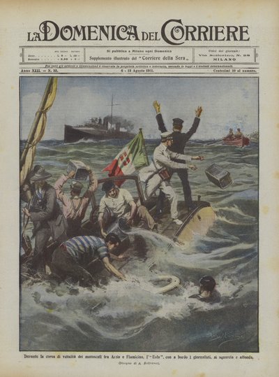 Durante la carrera de velocidad de lanchas entre Anzio y Fiumicino, el Eolo, con a bordo de Achille Beltrame