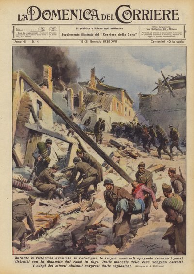 Durante el victorioso avance en Cataluña, las tropas nacionales españolas encuentran los pueblos de Achille Beltrame
