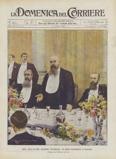 Ecos del último éxito teatral, el gran banquete a Giacosa de Achille Beltrame