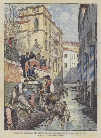 Efectos de la extraordinaria baja marea de los días pasados que dejó casi sin agua los canales de Venecia de Achille Beltrame