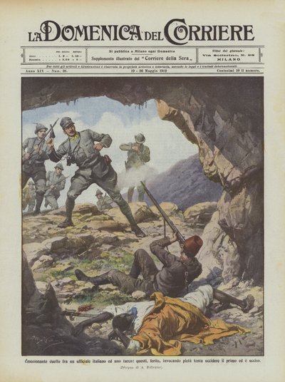Emocionante duelo entre un oficial italiano y uno turco, este, herido, invocando piedad intenta de Achille Beltrame