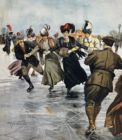 Pasatiempos de moda, patinaje sobre hielo, ilustración de Achille Beltrame, de La Domenica del Corriere, 27 de enero de Achille Beltrame