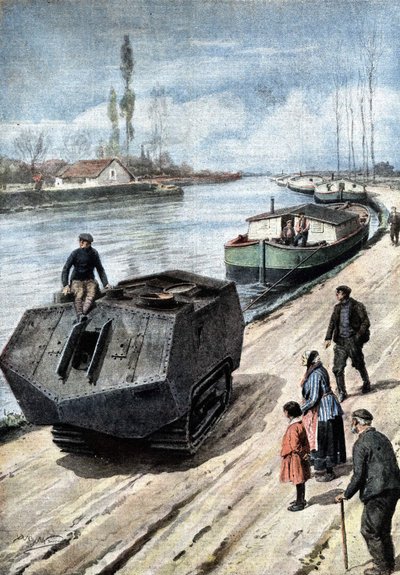 Fin de la Primera Guerra Mundial: el fin pacífico de una formidable máquina de guerra. Los tanques ahora remolcan barcazas en el Canal Francés. Ilustración de Beltrame. La Domenica del Corriere. 03/1919 de Achille Beltrame