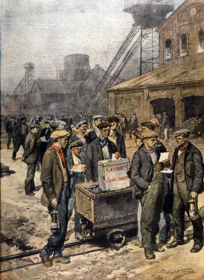Huelgas de mineros ingleses. Ilustración de Achille Beltrame. “La Domenica del Corriere” de Achille Beltrame