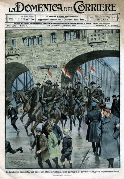 Presencia inglesa en Alemania: tropas militares en un puente del Rin en Colonia. Ilustración de Beltrame. La Domenica del Corriere. 01/1919 de Achille Beltrame