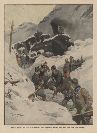 Enormes nevadas en Friuli y Cadore, tren atrapado y bloqueado por la nieve en la línea de Pontebba de Achille Beltrame