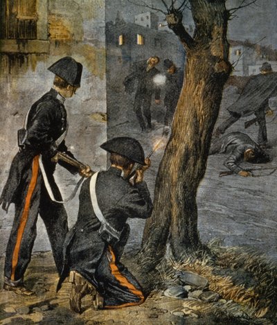 Episodio de la Mafia Siciliana, conflicto entre la policía y mafiosos en Trapani de La Domenica del Corriere, 31 de diciembre de Achille Beltrame