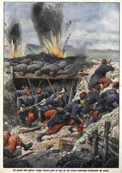 Episodio de la Guerra de 1914: tropas francesas en las trincheras son bombardeadas por enemigos. "La Domenica del Corriere" de Achille Beltrame