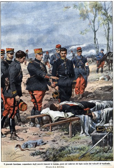 Episodio de la guerra de 1914: General Noel Edouard de Curieres de Castelnau (1851-1944), comandante del ejército francés en Lorena, jura vengar a su hijo muerto. Ilustración de Achille Beltrame en "La Domenica del Corriere" de Achille Beltrame