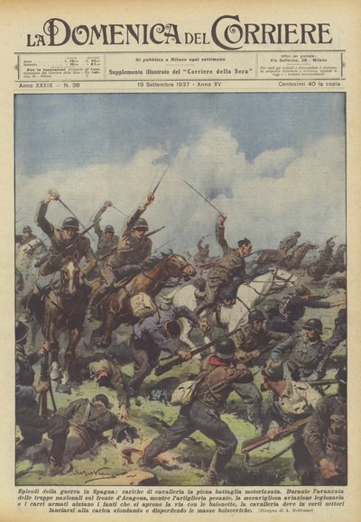 Episodios de la guerra en España, cargas de caballería en plena batalla motorizada de Achille Beltrame