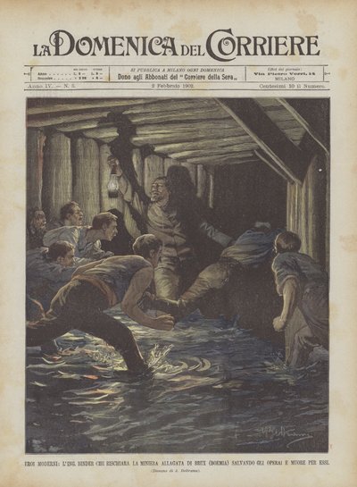 Héroes Modernos, El Ing. Binder que Ilumina la Mina Inundada de Brux (Bohemia) Salvando a los Obreros y Muere por Ellos de Achille Beltrame