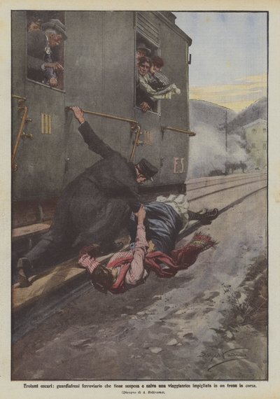 Heroísmos oscuros, guardafrenos ferroviario que sostiene y salva a una viajera atrapada en un tren en marcha de Achille Beltrame