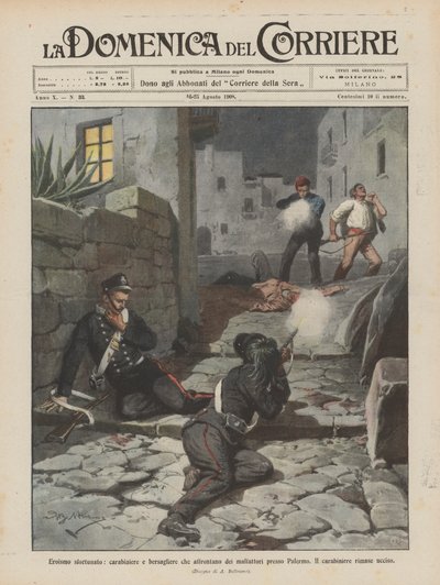 Heroísmo desafortunado, carabinero y bersagliere que enfrentan a delincuentes cerca de Palermo de Achille Beltrame