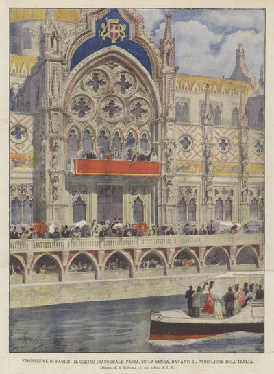 Exposición de París, el cortejo inaugural pasa, sobre el Sena, frente al pabellón de Italia de Achille Beltrame