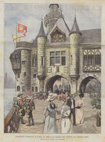 Exposición Universal de París, la puerta San Miguel que conduce al viejo París de Achille Beltrame
