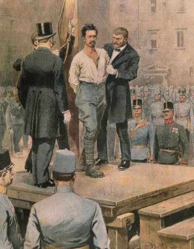 Ejecución de Cesare Battisti en Trento, por Achille Beltrame, ilustración, Ilustrador Achille Beltrame (1871-1945), de La Domenica del Corriere, julio de 1916 de Achille Beltrame