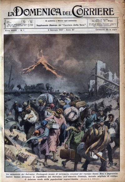 Éxodo de la población de El Salvador tras el terremoto y las erupciones del volcán Santa Rita. Ilustración de Achille Beltrame en “La domenica del corriere” 03/01/1937 de Achille Beltrame