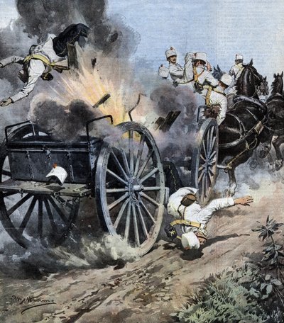 Explosión de una caja de artillería cerca de Capannori en la región de Lucca durante el movimiento del 7º Regimiento de Artillería del Ejército Italiano. Ilustración de Beltrame. La Domenica del Corriere. 08/1909. de Achille Beltrame