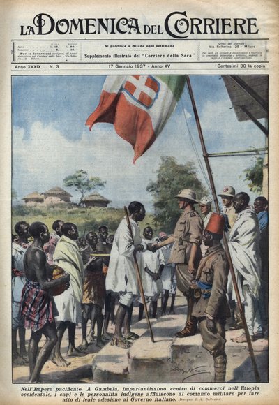 Fascismo 1937: Reuniones en Gambela, el centro comercial del Imperio Etíope, de jefes y personalidades indígenas para hacer un acto de adhesión al gobierno italiano. Ilustración de Achille Beltrame en "La domenica del corriere" 17/01/1937 de Achille Beltrame