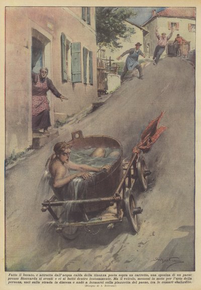 Después de lavar la ropa, atraída por el agua caliente de la tina colocada sobre un carro, una joven esposa de Achille Beltrame