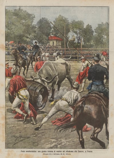 Fiestas características, una justa romana de vacas en el velódromo de las Cascine, en Florencia de Achille Beltrame
