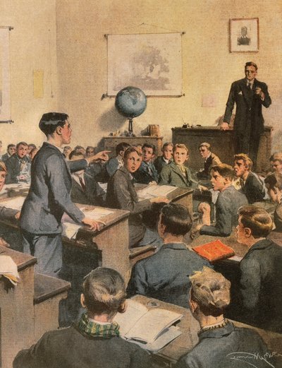 Luchando contra el analfabetismo, niños en la escuela, ilustración de Achille Beltrame, de La Domenica del Corriere de Achille Beltrame