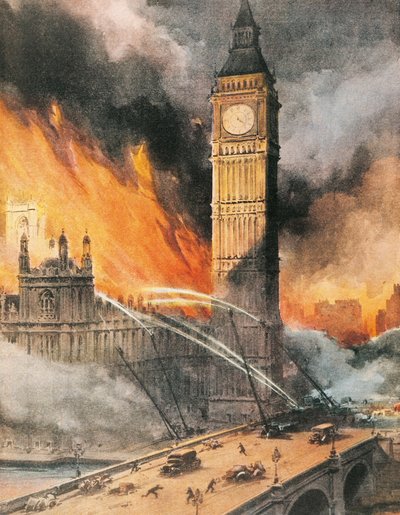 Incendio en el Palacio de Westminster, Londres, tras el bombardeo alemán, ilustración de 