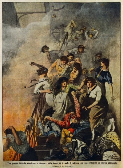 Incendio en gran fábrica textil americana: trabajadores en la escalera, ilustración por Achille Beltrame, de La Domenica del Corriere, 10 de agosto de Achille Beltrame