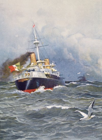 Acorazado de primera clase Re Umberto, ilustración de Achille Beltrame (1871-1945) de la revista semanal L