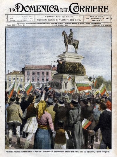 Primera Guerra Balcánica: manifestaciones frente a la estatua del Zar en Sofía, Bulgaria - Ilustración de Beltrame en La Domenica del Corriere - octubre 1912 (Primera Guerra Balcánica: manifestación en Sofía, Bulgaria) de Achille Beltrame