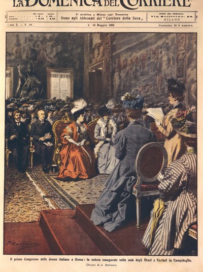 Primer congreso de mujeres italianas en el Capitolio, Roma, ilustración por Achille Beltrame de La Domenica del Corriere, 3 de mayo de Achille Beltrame