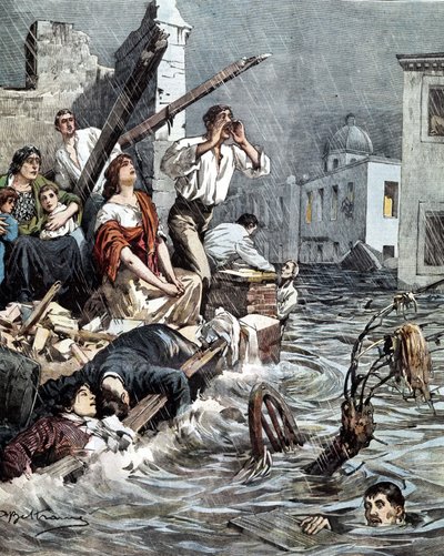 Inundación de Módica (Sicilia) en 1901. La Domenica del Corriere. Ilustración de Beltrame de Achille Beltrame