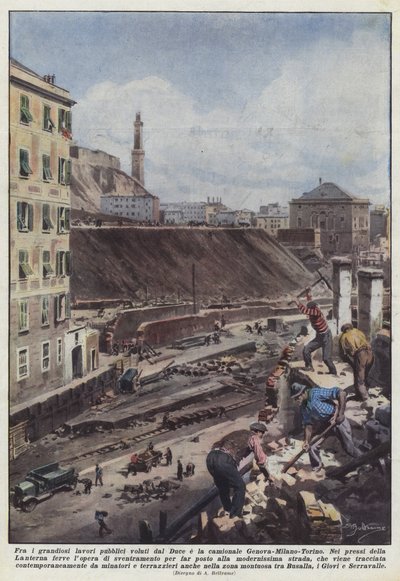 Entre los grandiosos trabajos públicos ordenados por el Duce está la carretera Genova-Milano-Torino de Achille Beltrame