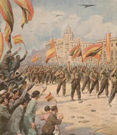 La España de Franco entrando en Madrid con sus banderas de victoria, de La Domenica del Corriere, 2 de abril de Achille Beltrame