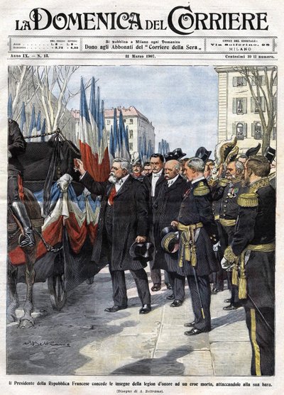 El presidente francés Armand Fallieres presenta la medalla de la Legión de Honor a un héroe muerto en batalla. Ilustración de Beltrame. La Domenica del Corriere. 31/03/1907 de Achille Beltrame