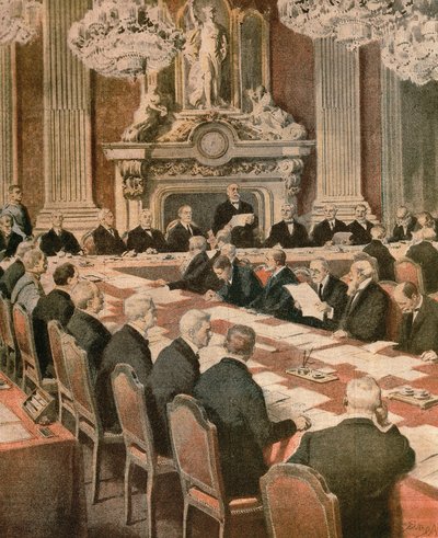 El presidente francés Georges Clemenceau hablando en la Conferencia de Paz de París, ilustración de Achille Beltrame, de La Domenica del Corriere de Achille Beltrame