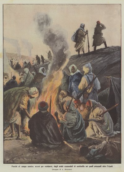Fuegos en el campo enemigo, encendidos para calentarse, por los árabes comandados de centinela en los puestos avanzados más allá de Trípoli de Achille Beltrame