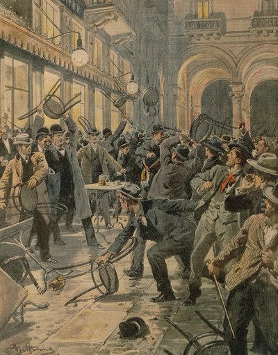Huelga general de trabajadores en Milán, disturbios en la Galleria Vittorio Emanuele II, por Achille Beltrame, ilustración, Ilustrador Achille Beltrame, de La Domenica del Corriere de Achille Beltrame
