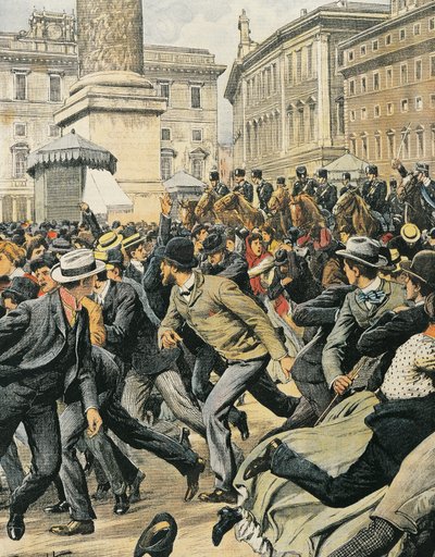 Huelga general de trabajadores en Roma, por Achille Beltrame, ilustración, Ilustrador Achille Beltrame, de La Domenica del Corriere de Achille Beltrame