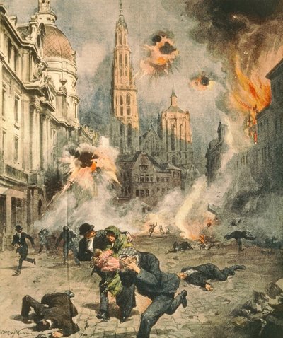 Bombardeo y ocupación de Amberes por los alemanes, por Achille Beltrame (1871-1945), ilustración de La Domenica del Corriere de Achille Beltrame
