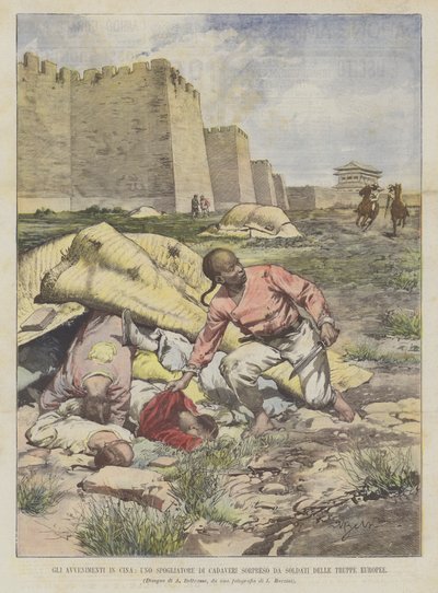 Los acontecimientos en China, un saqueador de cadáveres sorprendido por soldados de las tropas europeas de Achille Beltrame
