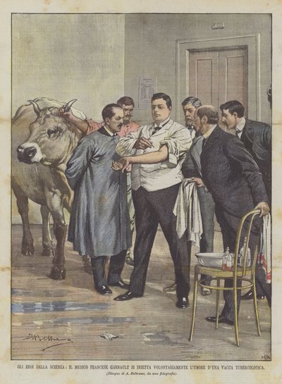 Los héroes de la ciencia, el médico francés Garnault se inyecta voluntariamente el humor de una vaca tuberculosa de Achille Beltrame